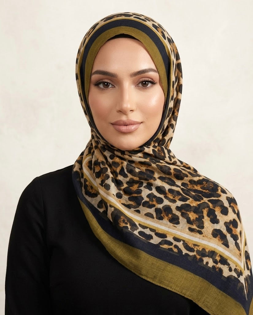 Leopard Print Arabic Lawn Hijab - MEHNDI GREEN
