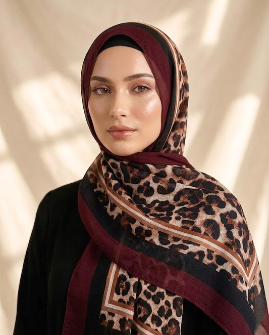 Leopard Print Arabic Lawn Hijab - BURGUNDY MAHROON
